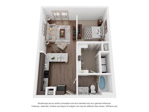 a stylized floor plan with a bedroom and a living room